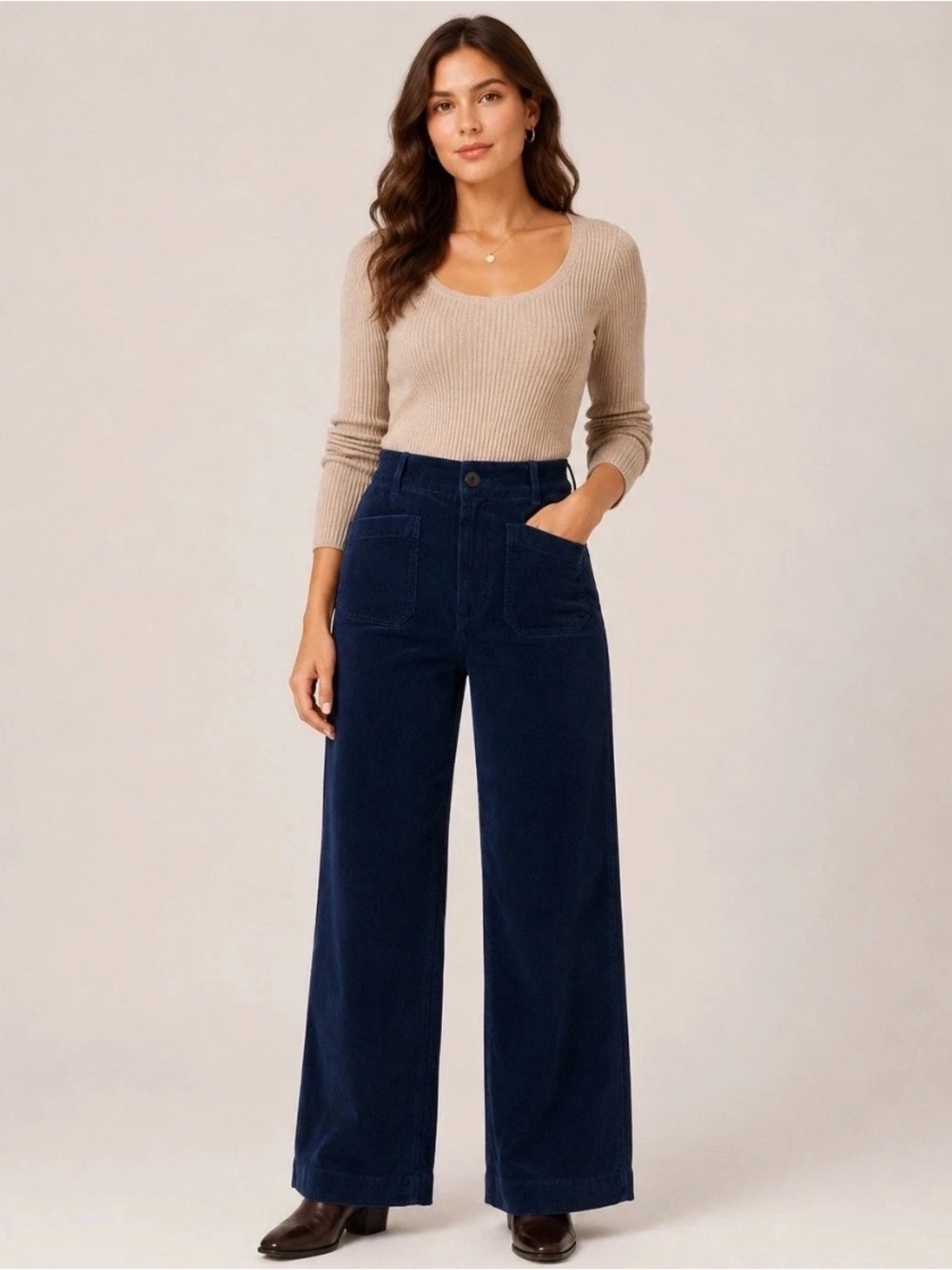Anthropologie Maeve The Colette Corduroy Wide Leg Pants Navy Blue Size 33 Tall